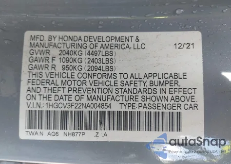 2022 Honda Accord Hybrid Sport из США, поврежденный, VIN 1HGCV3F22NA004854